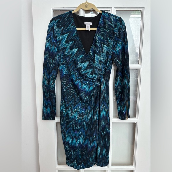 Vintage Cache Teal Gold Blue Knit Faux Wrap Midi Dress Women’s Size Medium M Med - Picture 3 of 13